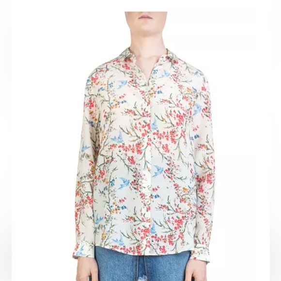 The Kooples | White Bird Avian & Floral-Print Silk Shirt - Size 1 / Small - Picture 1 of 13